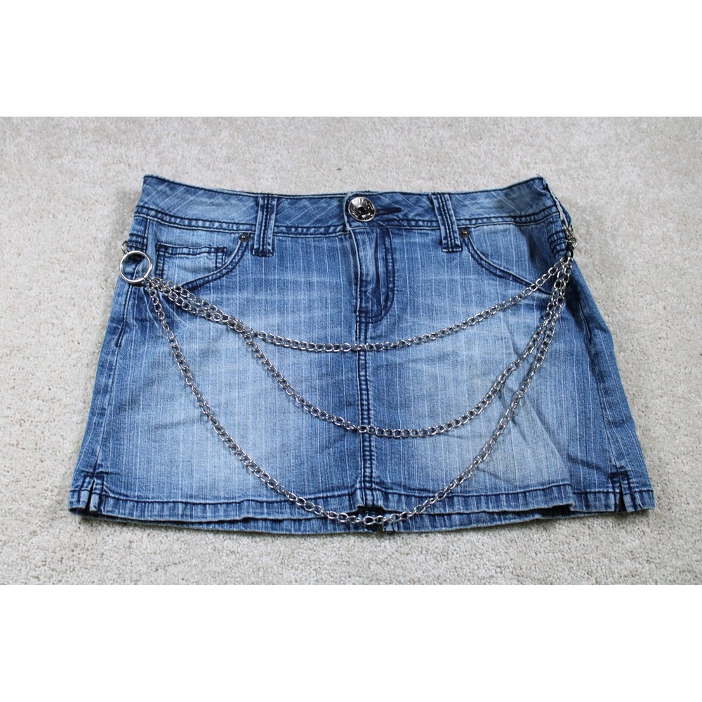 Hint Jeans Skirt Womens 3 Blue Denim Mini Chain Punk Y2K Grunge Goth 2000s Edge
